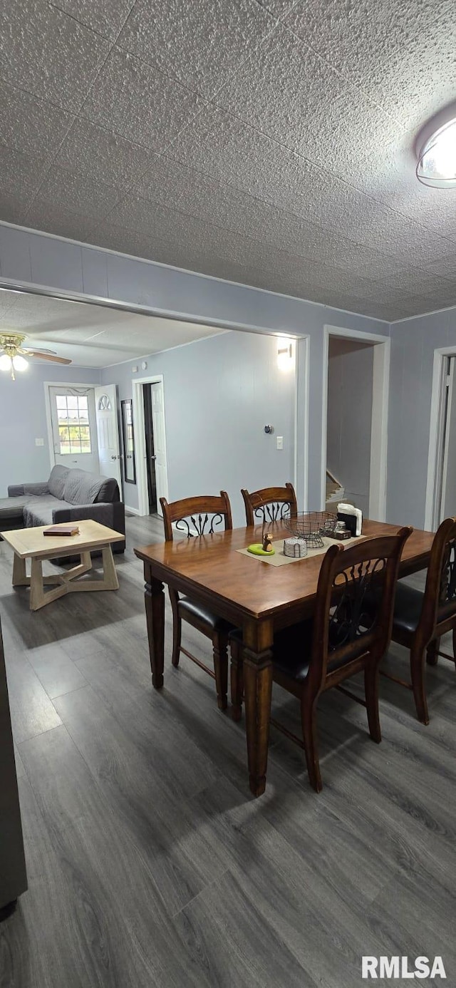 dining area featuring ceiling fan, a textured ceiling, and hardwood / wood-style flooring