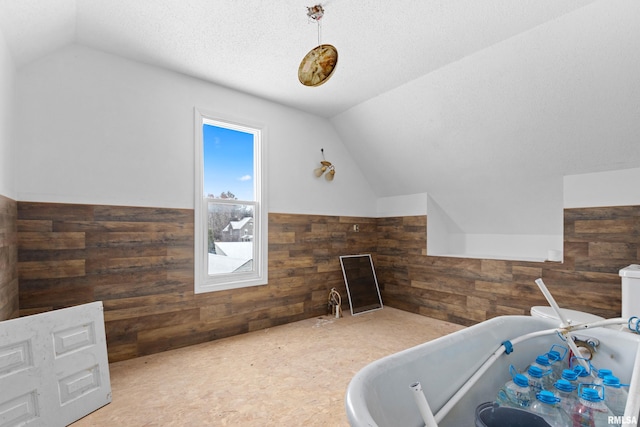 interior space featuring lofted ceiling, a textured ceiling, and wooden walls