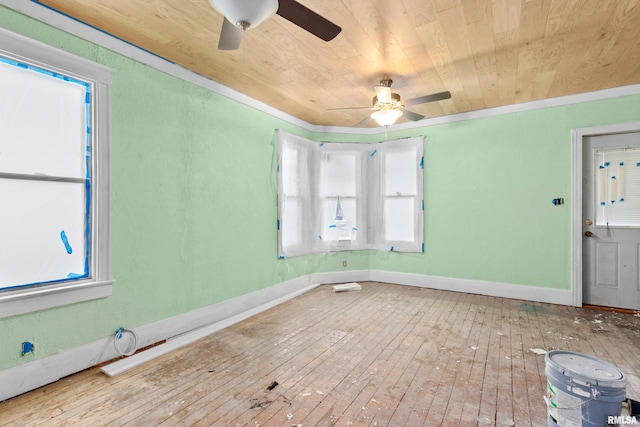 unfurnished room featuring ceiling fan, wood-type flooring, wooden ceiling, and ornamental molding