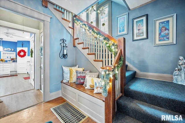 staircase featuring ceiling fan and hardwood / wood-style flooring