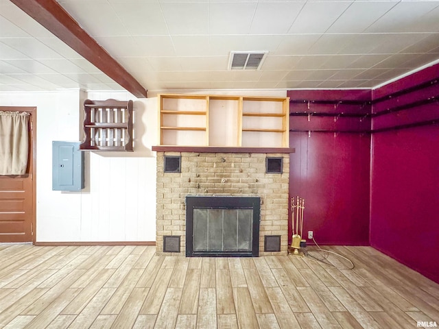 unfurnished living room featuring electric panel, wood-type flooring, and a brick fireplace