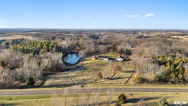 bird's eye view featuring a rural view and a water view