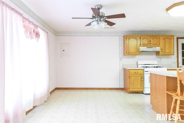 kitchen with ceiling fan, electric panel, and gas range gas stove