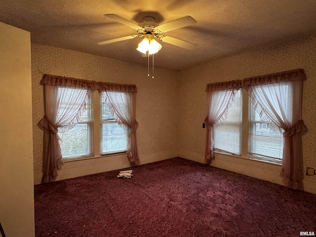 spare room with carpet floors, a wealth of natural light, ceiling fan, and a textured ceiling