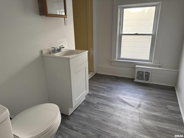 bathroom featuring wood-type flooring, vanity, and toilet