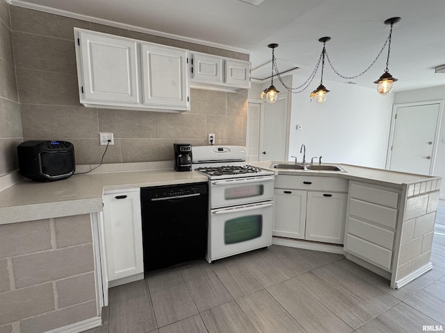 kitchen featuring white cabinets, white gas stove, black dishwasher, and hanging light fixtures