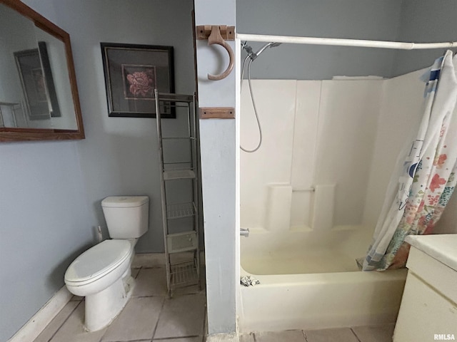 bathroom featuring tile patterned floors, toilet, and shower / tub combo with curtain