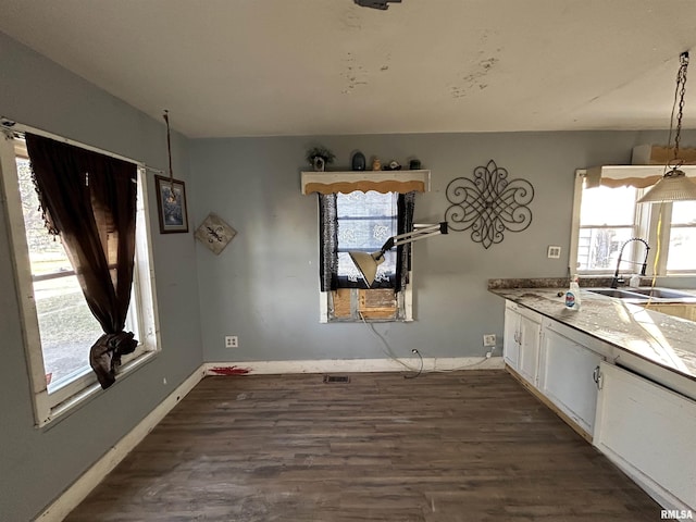 interior space with sink, white cabinets, and dark wood-type flooring