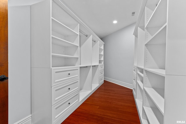 walk in closet featuring visible vents and dark wood finished floors