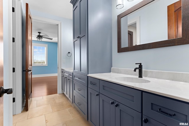 bathroom featuring ceiling fan, vanity, and tile patterned floors