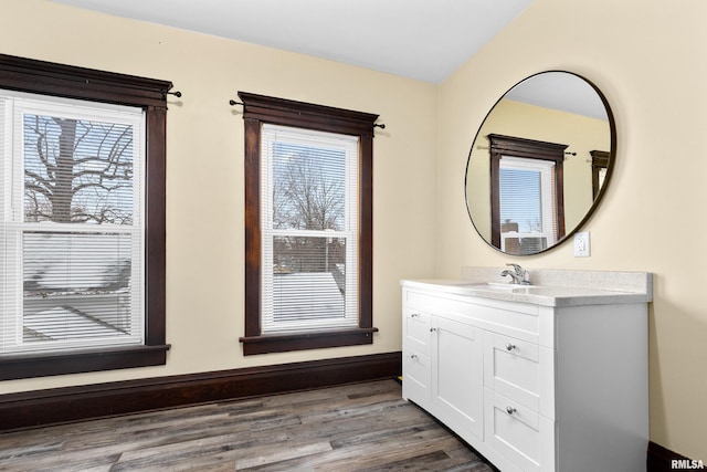 bathroom featuring hardwood / wood-style flooring and vanity