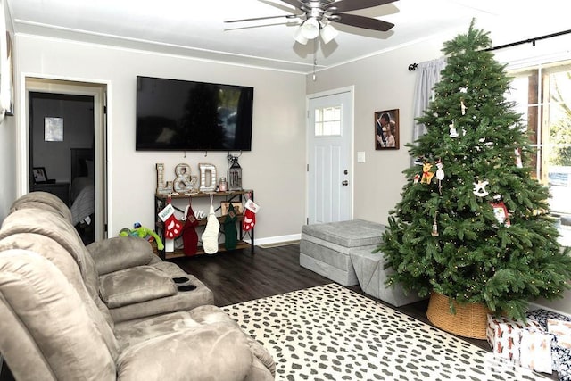 living room featuring ceiling fan, a healthy amount of sunlight, dark hardwood / wood-style flooring, and ornamental molding