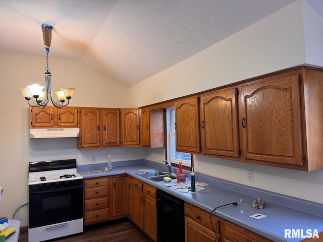 kitchen with sink, black dishwasher, a notable chandelier, white range oven, and vaulted ceiling