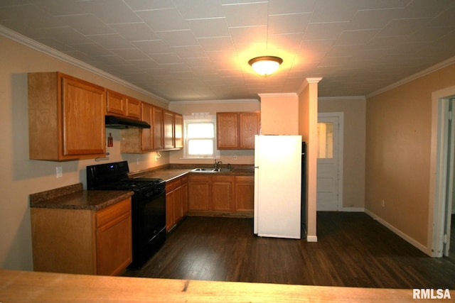 kitchen featuring crown molding, dark wood-type flooring, sink, white refrigerator, and black gas range