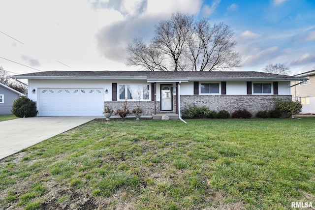 ranch-style home with a front yard, brick siding, driveway, and an attached garage