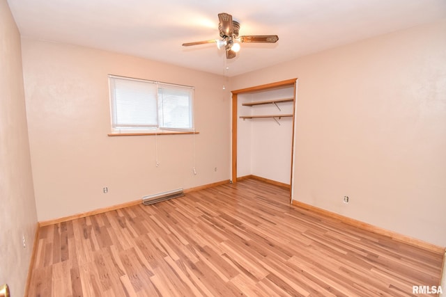 unfurnished bedroom featuring light hardwood / wood-style flooring, a closet, and ceiling fan