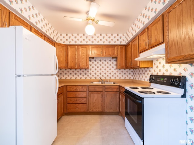 kitchen with sink, ceiling fan, white fridge, and electric stove