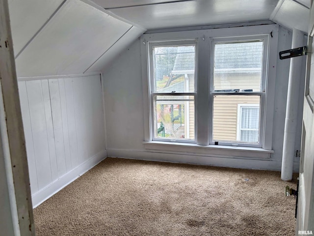 additional living space featuring wooden walls, carpet floors, and lofted ceiling