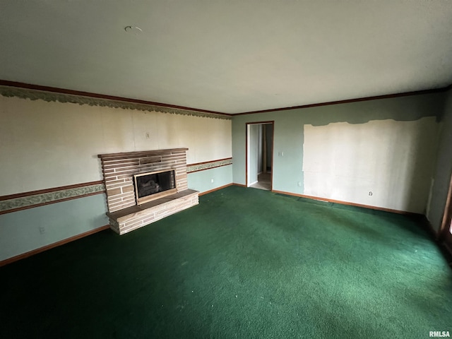 unfurnished living room with crown molding, a fireplace, and carpet