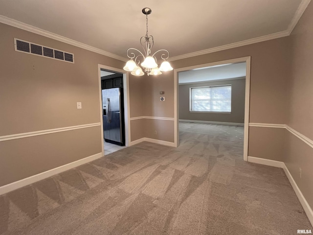 unfurnished dining area with ornamental molding, light carpet, and a chandelier