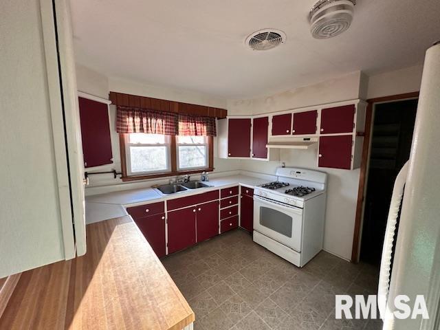 kitchen with hardwood / wood-style floors, white gas range oven, and sink