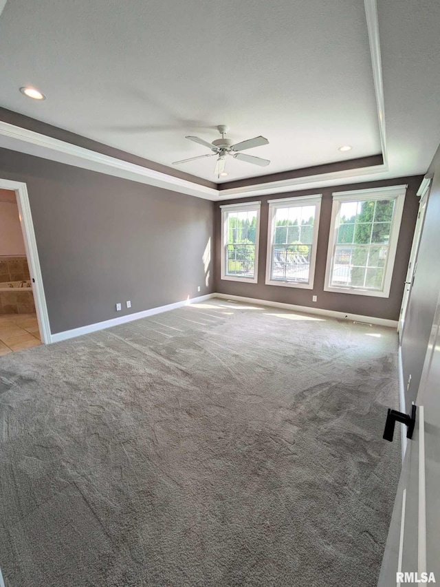 empty room with a tray ceiling, light carpet, and ceiling fan