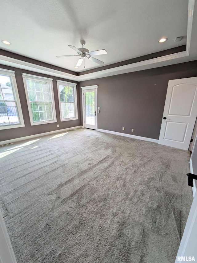 carpeted spare room featuring a raised ceiling, plenty of natural light, and ceiling fan