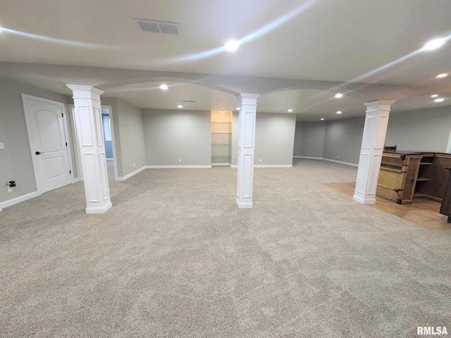 basement with light colored carpet