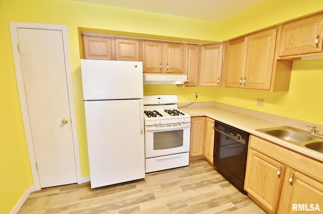 kitchen featuring light brown cabinets, light wood-type flooring, white appliances, and sink