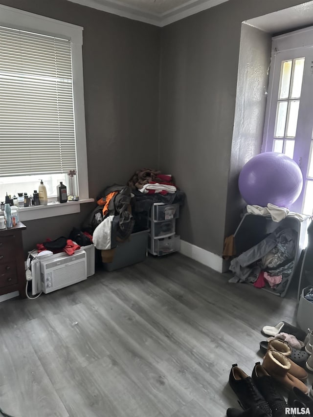 miscellaneous room with wood-type flooring and ornamental molding