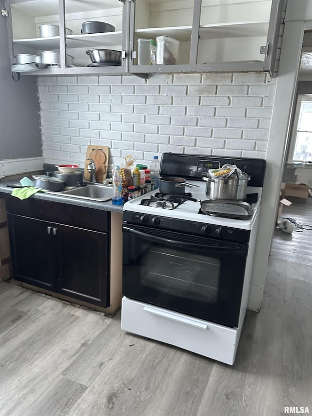 kitchen with gas range, light hardwood / wood-style floors, and decorative backsplash