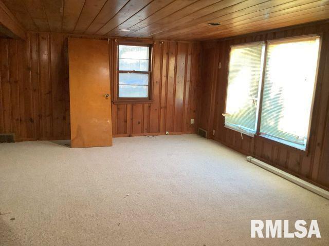 empty room featuring light carpet, wooden ceiling, and wood walls