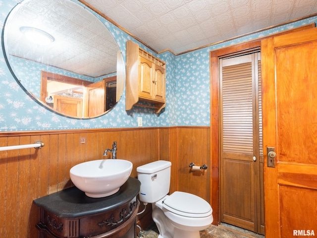 bathroom with vanity, wood walls, and toilet