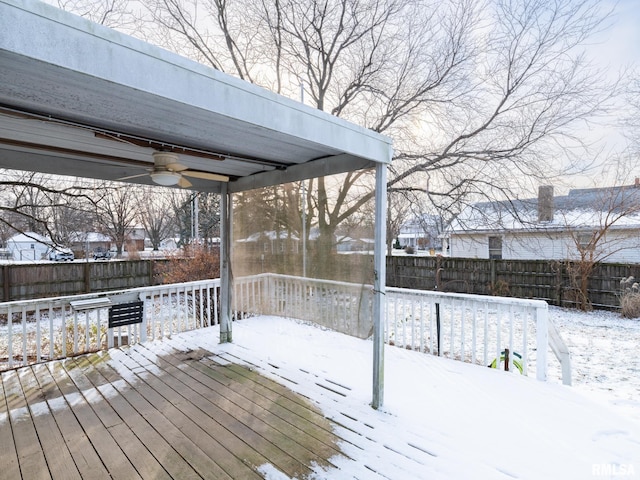 snow covered deck with ceiling fan