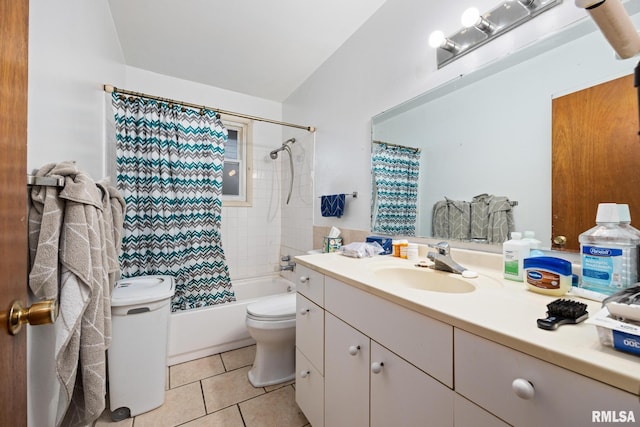 full bathroom with toilet, vanity, tile patterned flooring, and shower / tub combo with curtain