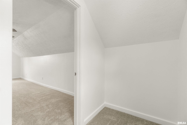 additional living space featuring a textured ceiling, light colored carpet, and vaulted ceiling