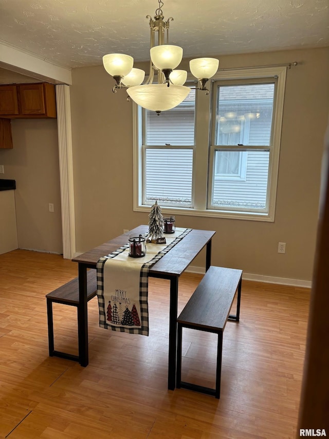 dining area with a textured ceiling and light hardwood / wood-style flooring