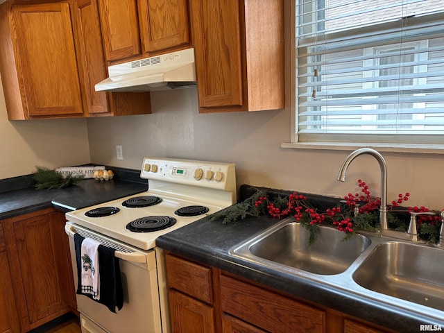 kitchen featuring white range with electric stovetop, plenty of natural light, and sink