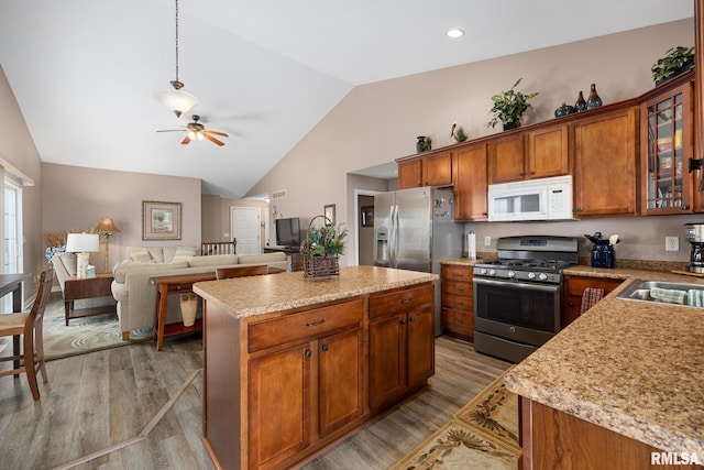 kitchen featuring a center island, light hardwood / wood-style flooring, vaulted ceiling, appliances with stainless steel finishes, and decorative light fixtures