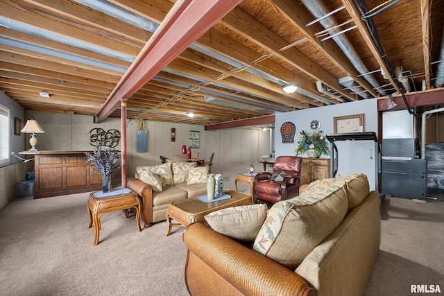 living room featuring light carpet