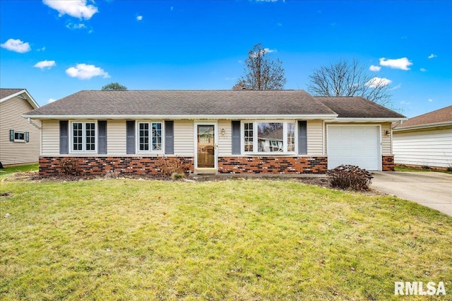 single story home featuring a front yard and a garage