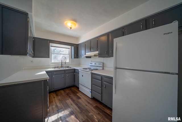 kitchen with under cabinet range hood, gray cabinetry, white appliances, a sink, and light countertops