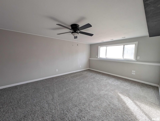 empty room featuring ceiling fan and carpet