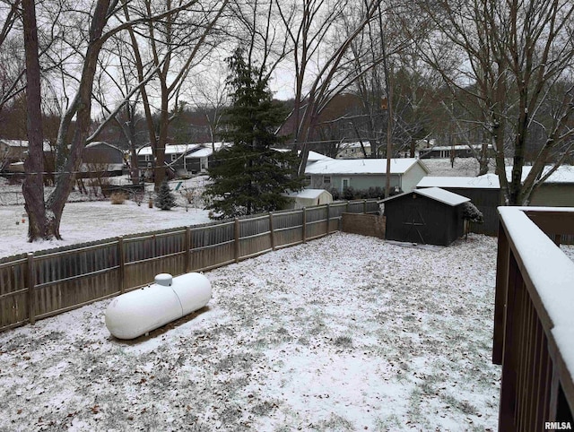 yard layered in snow with a storage unit