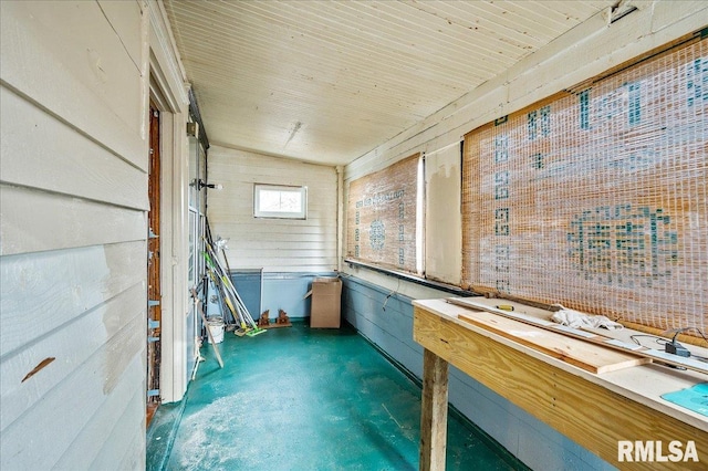 miscellaneous room with a workshop area and lofted ceiling