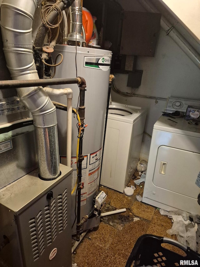 clothes washing area featuring gas water heater and washer / dryer