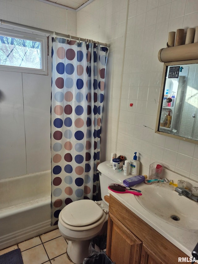 full bathroom featuring shower / bath combo, vanity, backsplash, tile patterned floors, and toilet