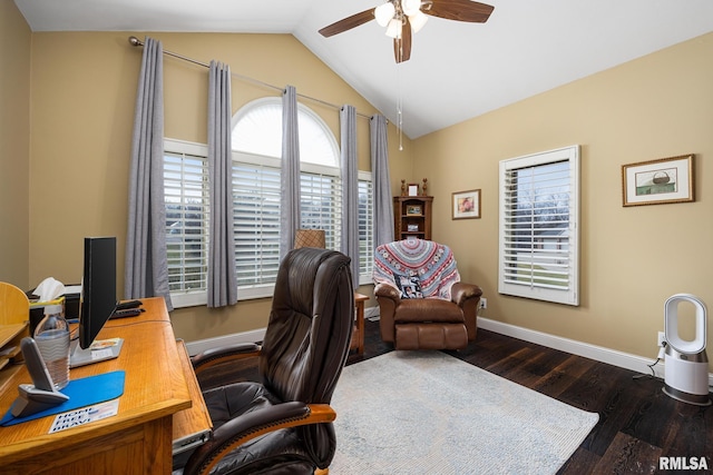 office space featuring ceiling fan, dark hardwood / wood-style flooring, a healthy amount of sunlight, and lofted ceiling