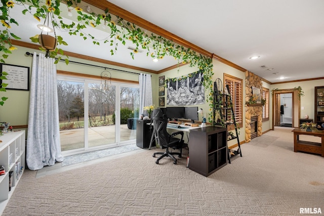 carpeted office with crown molding