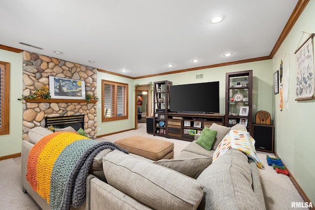 carpeted living room with a fireplace and ornamental molding